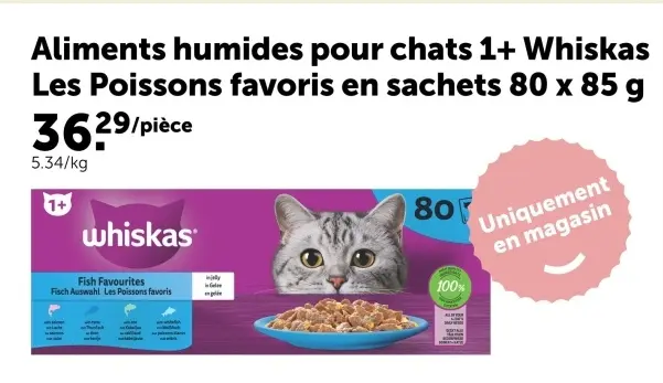 Offre: Aliments humides pour chats 1+ Whiskas Les Poissons favoris en sachets