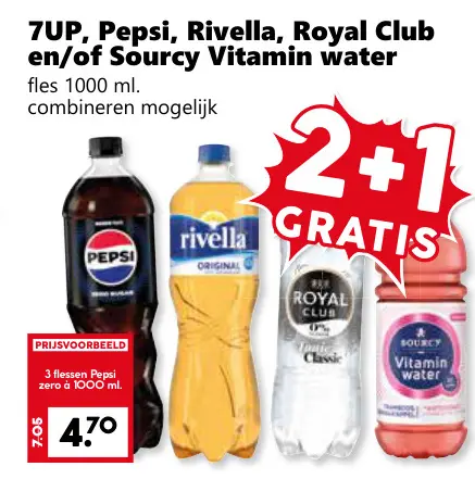 Aanbieding: 7UP, Pepsi, Rivella, Royal Club en/of Sourcy Vitamin water