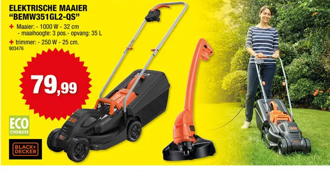 Promotie: Black+Decker BEMW351GL2-QS elektrische grasmaaier 1000W 32cm + trimmer 250W 23cm