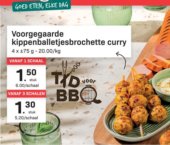 Promotie: Voorgegaarde kippenballetjesbrochette curry