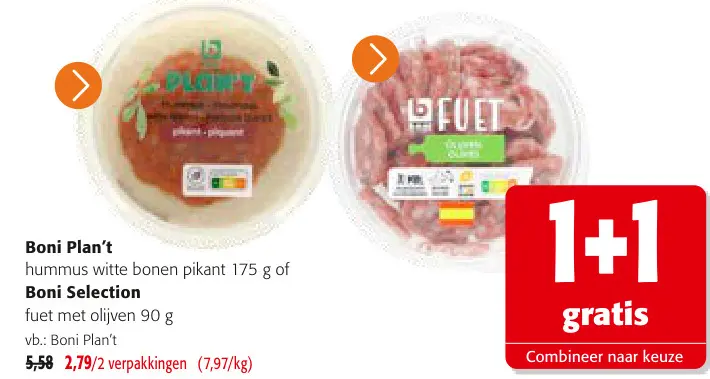 Promotie: hummus witte bonen pikant of fuet met olijven