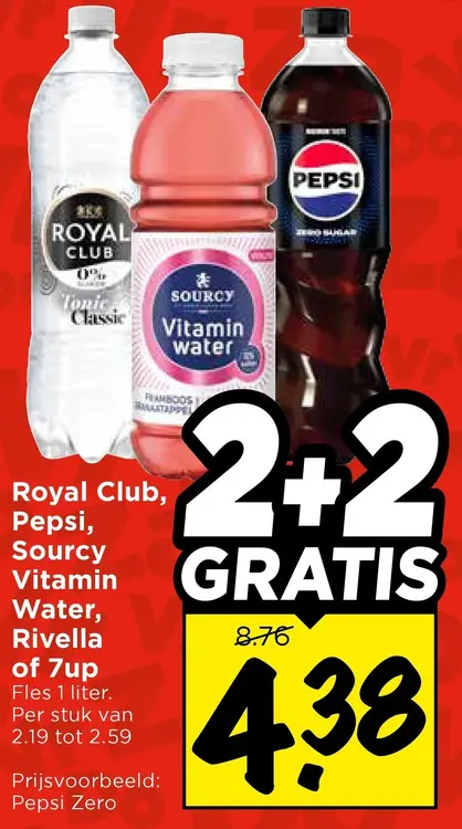 Aanbieding: Royal Club, Pepsi, Sourcy Vitamin Water, Rivella of 7up