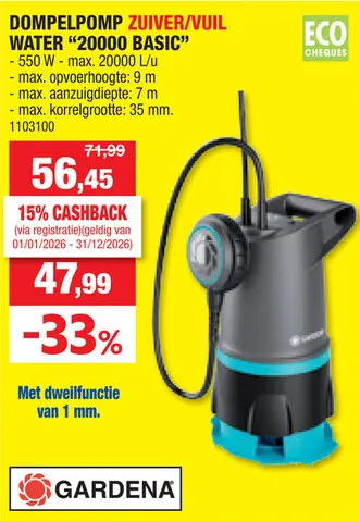 Promotie: Gardena Basic 2000 dompelpomp 550W vuil/zuiver water