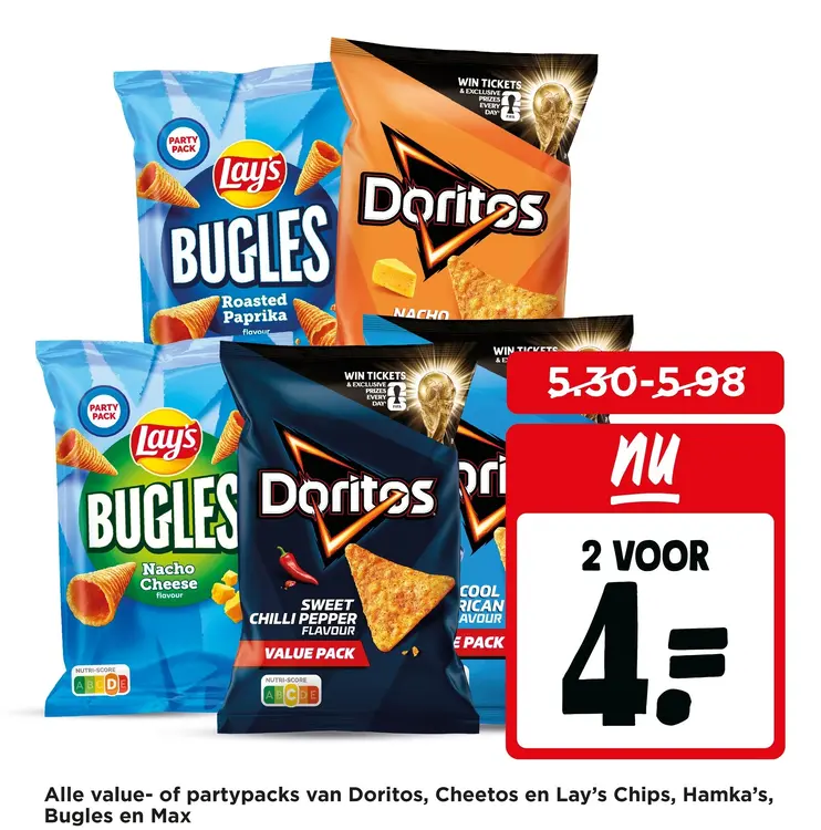 Aanbieding: Alle value- of partypack van Doritos, Cheetos en Lay's Chips, Hamka's, Bugles en Max