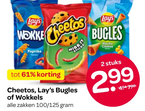 Aanbieding: Cheetos, Lay's Bugles of Wokkels
