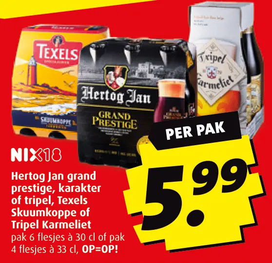 Aanbieding: Hertog Jan grand prestige, karakter of tripel, Texels Skuumkoppe of Tripel Karmeliet