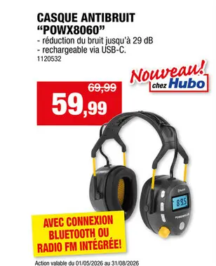 Offre: Powerplus POWX8060 casque antibruit Bluetooth/FM radio 29dB