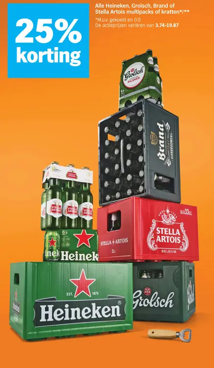 Aanbieding: Heineken, Grolsch, Brand or Stella Artois multipacks of kratten