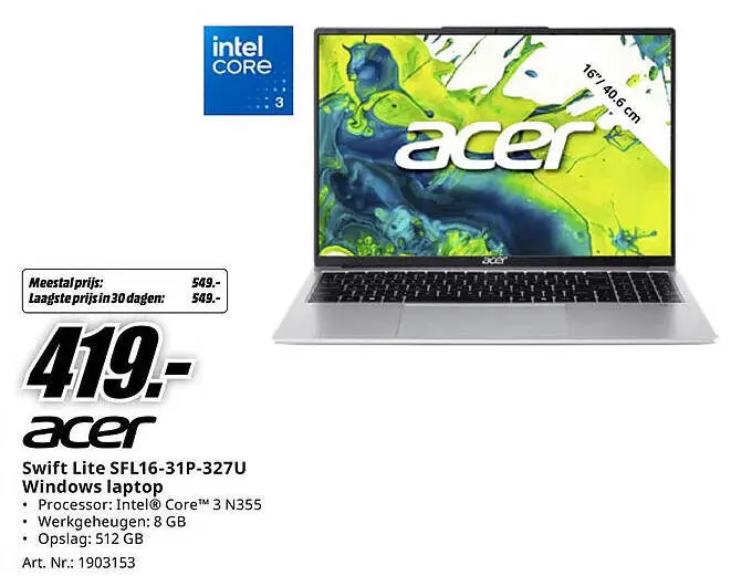 Aanbieding: Swift Lite SFL16-31P-327U Windows laptop