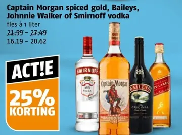 Aanbieding: Captain Morgan spiced gold, Baileys, Johnnie Walker of Smirnoff vodka