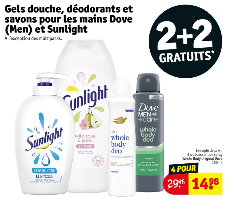 Offre: Gels douche, déodorants et savons pour les mains Dove et Sunlight
