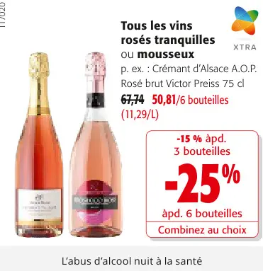 Offre: Tous les vins rosés tranquilles ou mousseux