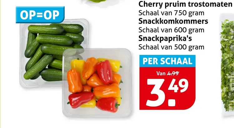 Aanbieding: Cherry pruim trostomaten, Snackkomkommers, Snackpaprika's
