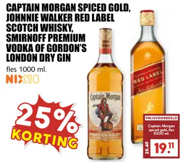 Aanbieding: Spiced Gold, Red Label scotch whisky, Premium Vodka of London Dry Gin
