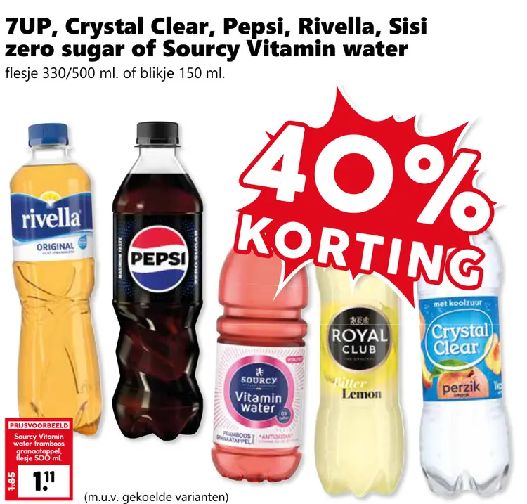 Aanbieding: 7UP, Crystal Clear, Pepsi, Rivella, Sisi zero sugar of Sourcy Vitamin water