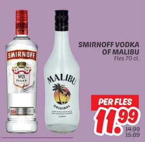 Aanbieding: Smirnoff vodka of Malibu