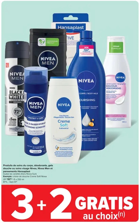 Offre: Produits de soins du corps, déodorants, gels douche ou soins visage et pansements