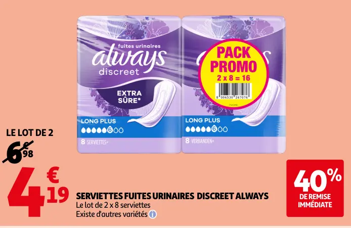 Offre: Serviettes fuites urinaires discreet Always
