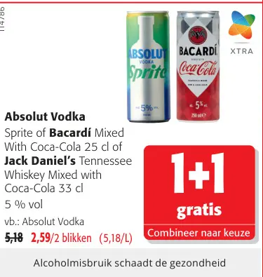 Promotie: Absolut Vodka Sprite or Bacardí Mixed With Coca-Cola of Jack Daniel's Tennessee Whiskey Mixed with Coca-Cola