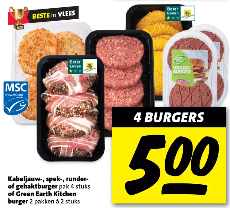 Aanbieding: Kabeljauw-, spek-, runder- of gehaktburger