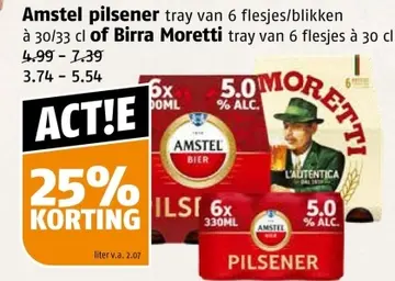 Aanbieding: Amstel pilsener of Birra Moretti