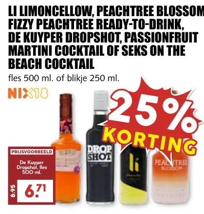 Aanbieding: Li Limoncelllow, Peachtree Blossom Fizzy Peachtree ready-to-drink, De Kuyper Dropshot, Passionfruit Martini Cocktail of Seks on the beach cocktail