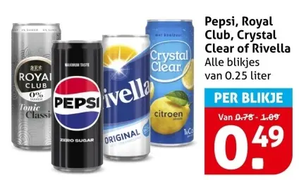 Aanbieding: Pepsi, Royal Club, Crystal Clear of Rivella
