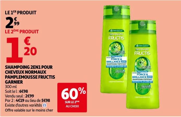 Promotie: Shampoing 2en1 pour cheveux normaux pamplemousse fructis garnier