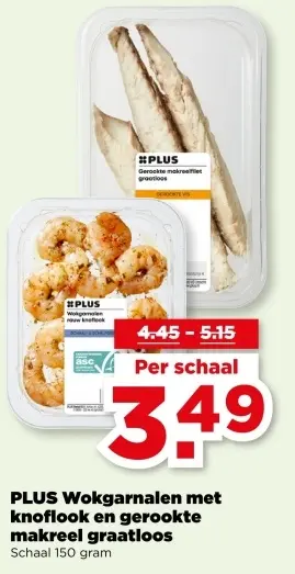 Aanbieding: PLUS Wokgarnalen met knoflook en gerookte makreel graatloos