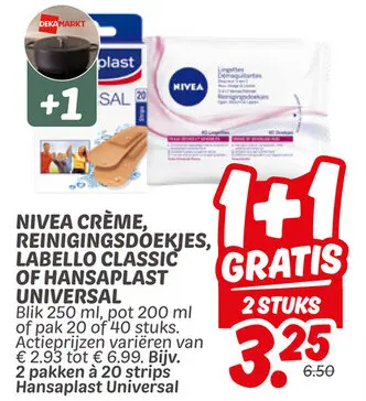 Aanbieding: Nivea crème, reinigingsdoekjes, Labello classic of Hansaplast universal