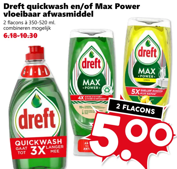 Aanbieding: Dreft Quickwash en/of Max Power vloeibaar afwasmiddel