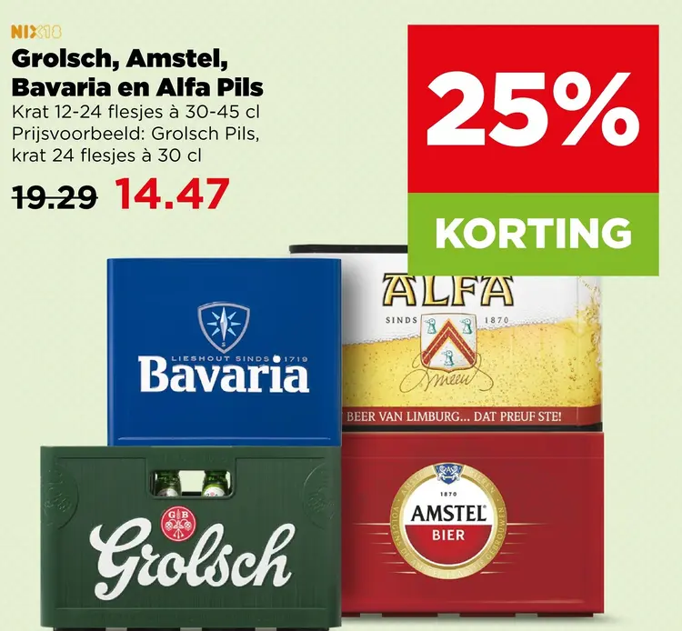 Aanbieding: Grolsch, Amstel, Bavaria en Alfa Pils