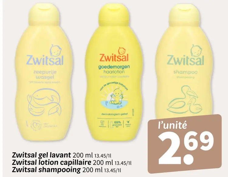 Offre: Zwitsal gel lavant, lotion capillaire, shampooing