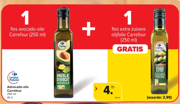 Promotie: Avocado-olie Carrefour + gratis fles extra zuivere olijfolie