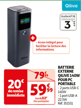 Aanbieding: BATTERIE EXTERNE QILIVE 140W POUR PC PORTABLE