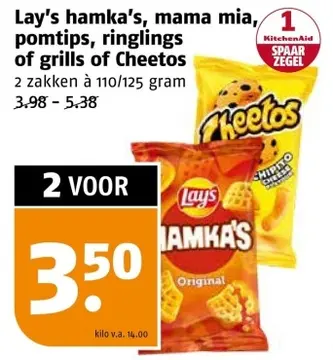 Aanbieding: Lay's hamka's, mama mia, pomtips, ringlings of grills of Cheetos