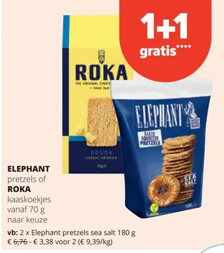 Aanbieding: ELEPHANT pretzels of ROKA kaaskoekjes