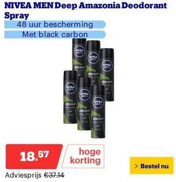 Aanbieding: NIVEA MEN Deep Amazonia Deodorant Spray - 48 uur bescherming - Met black carbon - Antibacterieel - Amazonia-geur - 6 x 150ml - Voordeelverpakking