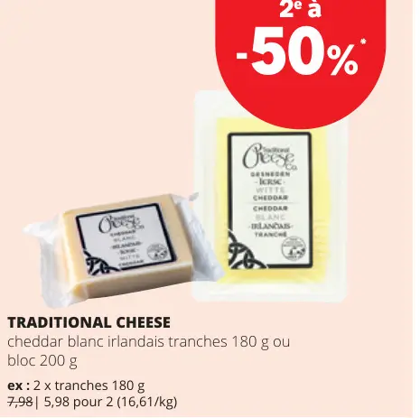 Offre: Cheddar blanc irlandais tranches ou bloc