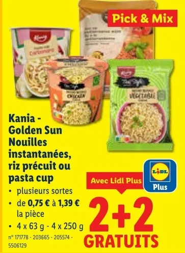 Offre: Nouilles instantanées, riz précuit ou pasta cup