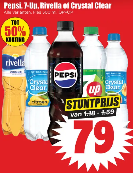 Aanbieding: Pepsi, 7-Up, Rivella of Crystal Clear