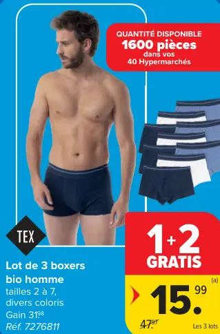 Offre: Lot de 3 boxers bio homme