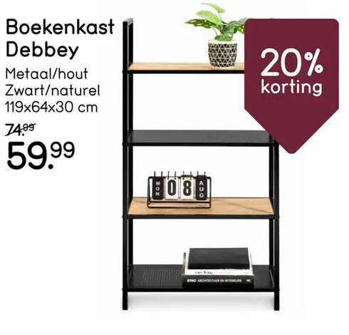 Aanbieding: Boekenkast Debbey - zwart/naturel - 119x64,5x30 cm