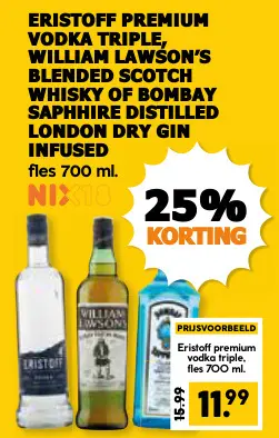 Aanbieding: Eristoff premium vodka triple, William Lawson's blended scotch whisky of Bombay Sapphire distilled London dry gini infused