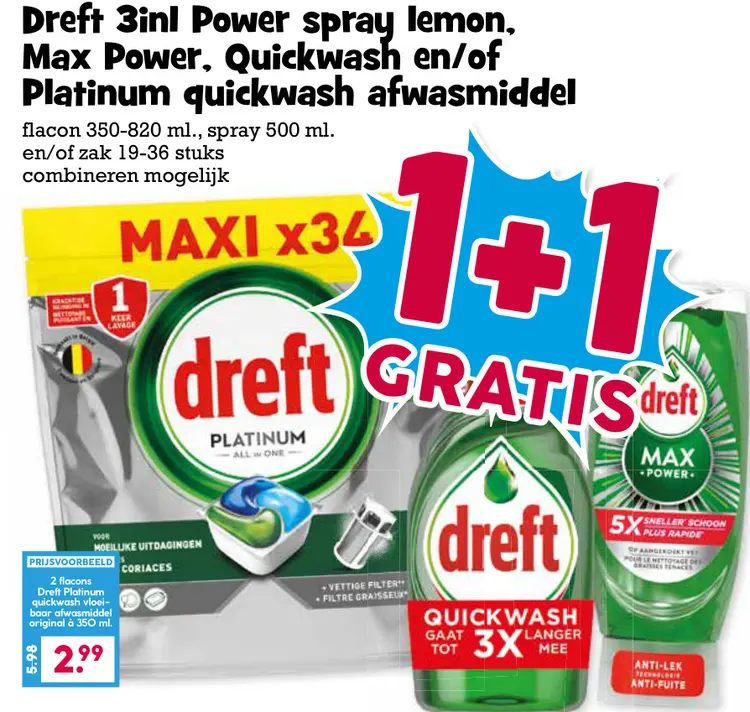 Aanbieding: Dreft 3in1 Power spray lemon, Max Power, Quickwash en/of Platinum quickwash afwasmiddel