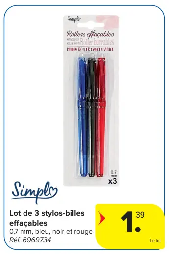 Offre: Lot de 3 stylos-billes effaçables