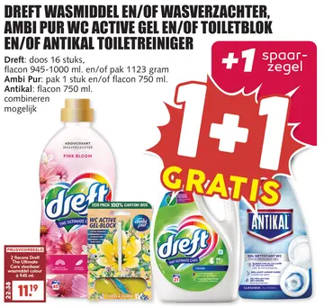 Aanbieding: Dreft wasmiddel en/of wasverzachter, Ambi Pur WC active gel en/of toiletblok en/of Antikal toiletreiniger