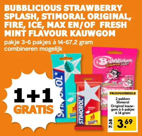 Aanbieding: Bubblicious strawberry splash, Stimorol original, fire, ice, max en/of fresh mint flavour kauwgom