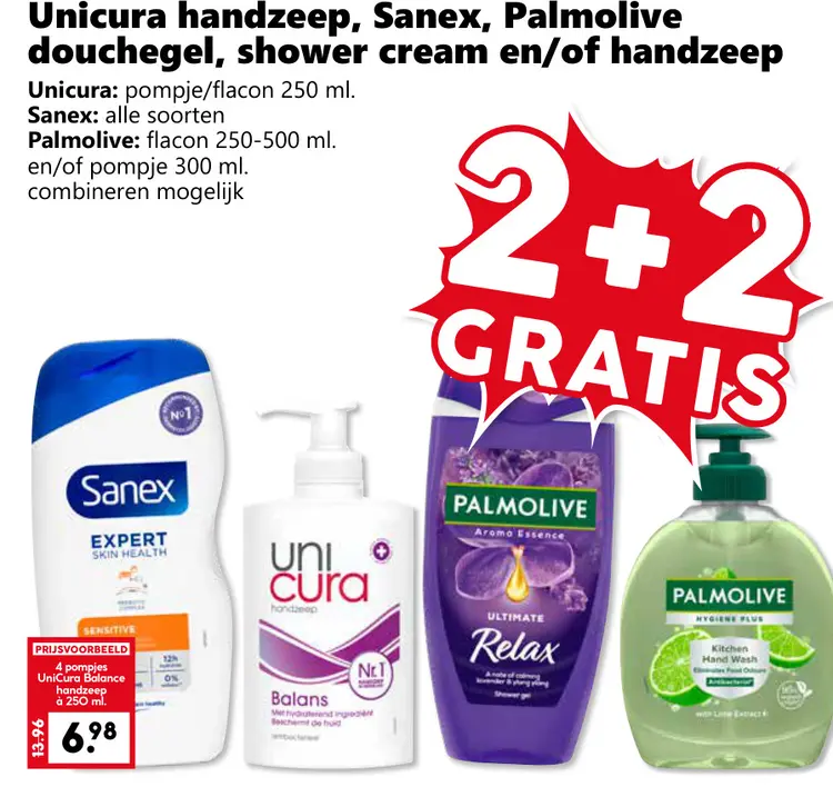 Aanbieding: Unicura handzeep, Sanex, Palmolive douchegel, shower cream en/of handzeep
