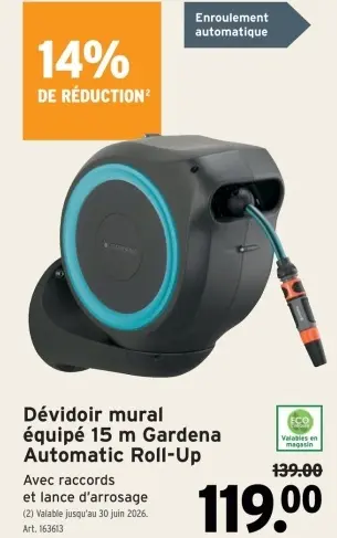 Offre: Dévidoir mural équipé Gardena Automatic Roll-